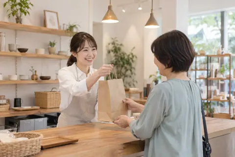 商品をふくろに入れて渡すスタッフ（その他（上記にない業種）の写真 No.43）