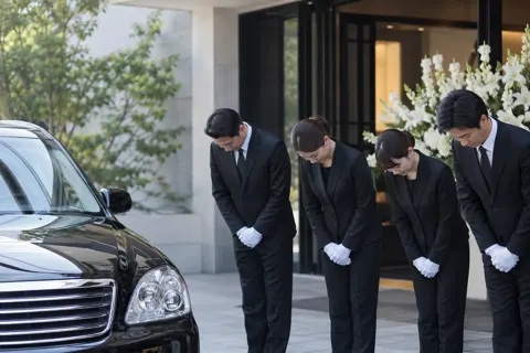 黒い車の前で頭を下げるスタッフたち（葬儀・葬祭・斎場の写真 No.36）