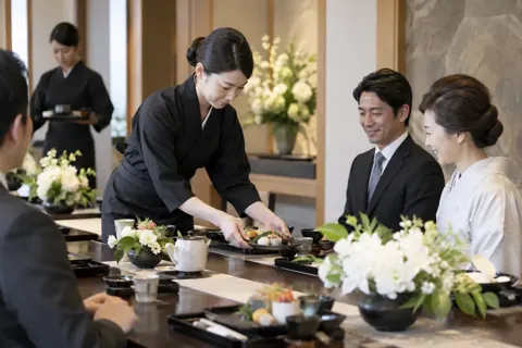 会食の料理をならべるスタッフ（葬儀・葬祭・斎場の写真 No.38）