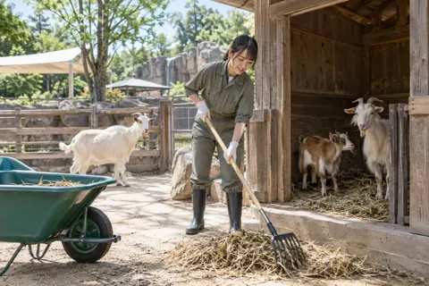 動物の小屋をそうじする飼育員（水族館・動物園・テーマパークの写真 No.22）