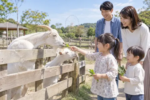 ヤギにえさをやる子どもたち（水族館・動物園・テーマパークの写真 No.24）