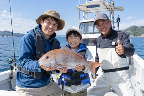 魚を持つ親子と船長（釣り船・遊漁船の写真 No.21）