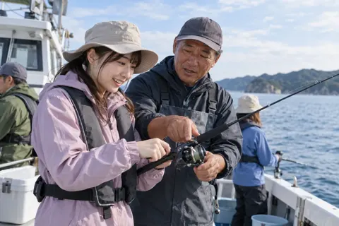 リールの使い方を初めての人に教える船長（釣り船・遊漁船の写真 No.24）