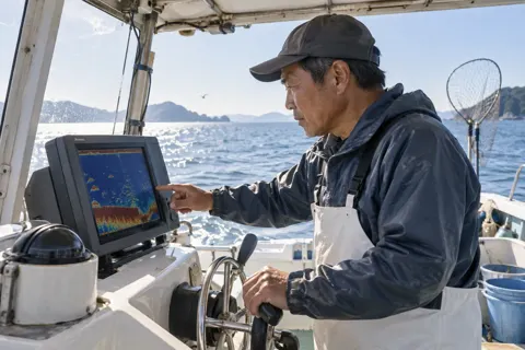 魚群探知機の画面を見る船長（釣り船・遊漁船の写真 No.25）