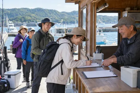 受付の小屋で乗船の紙に記入するお客様（釣り船・遊漁船の写真 No.32）