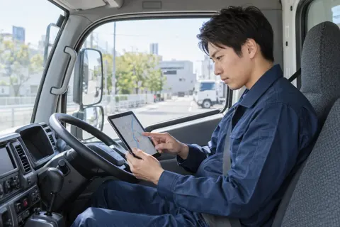 運転席でタブレットの地図を確かめるドライバー（運送・配送・トラックの写真 No.61）