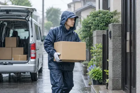 雨の中でかっぱを着て荷物を運ぶ配達員（運送・配送・トラックの写真 No.65）