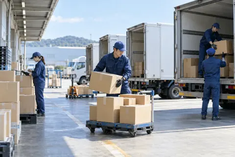 営業所で荷物をトラックごとに並べる作業員たち（運送・配送・トラックの写真 No.66）