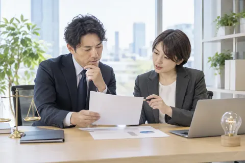 二人の弁理士が書類を見ながら相談する様子（弁理士・特許の写真 No.22）
