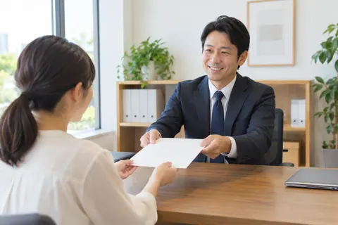 できあがった許可の書類をお客様に渡す行政書士（行政書士の写真 No.20）