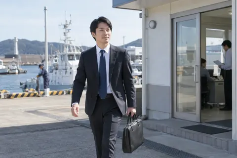 港の事務所の前でかばんを持って歩く海事代理士（海事代理士の写真 No.21）