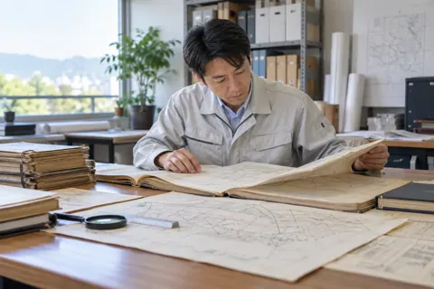 古い図面や資料を調べる調査士（土地家屋調査士・測量の写真 No.18）