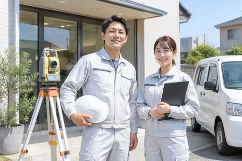 事務所の前に立つ調査士と助手（土地家屋調査士・測量の写真 No.22）