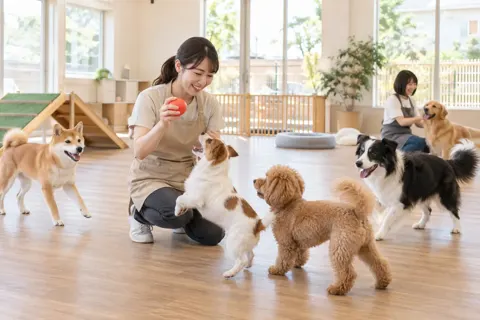 プレイルームで犬たちと遊ぶスタッフ（ペットホテル・ドッグランの写真 No.20）