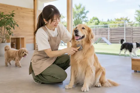 犬の体をブラシでとかすスタッフ（ペットホテル・ドッグランの写真 No.21）