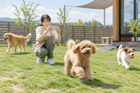 犬の様子をスマホで撮るスタッフ（ペットホテル・ドッグランの写真 No.22）