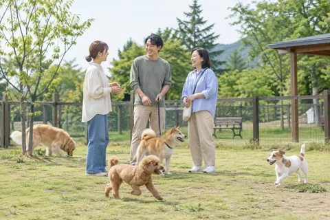 ドッグランで飼い主どうしが話す様子（ペットホテル・ドッグランの写真 No.28）