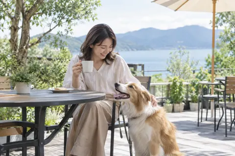 カフェのテラスで犬とくつろぐ飼い主（ペットホテル・ドッグランの写真 No.35）
