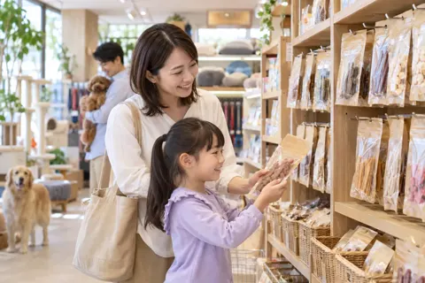 おやつの売り場で選ぶ親子（ペット用品店の写真 No.22）