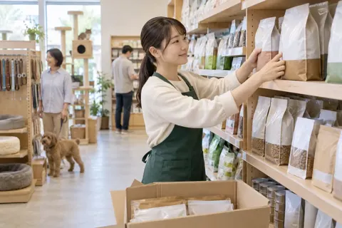 ペットフードを棚にならべる店員（ペット用品店の写真 No.27）