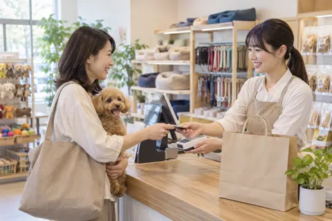 レジで会計をする店員と飼い主（ペット用品店の写真 No.28）