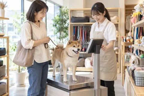 犬の体重をはかる店員と飼い主（ペット用品店の写真 No.30）