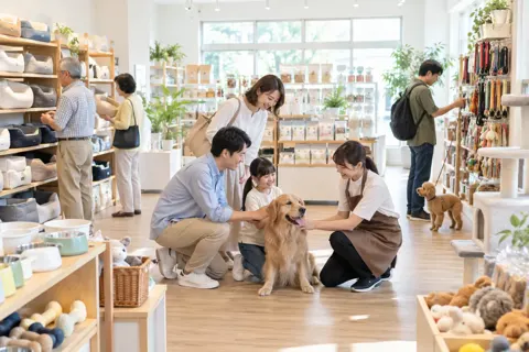 ペット用品がならぶ明るい店の中の全体（ペット用品店の写真 No.35）