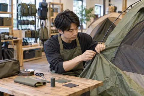 テントの修理をする店員（アウトドア・キャンプ用品の写真 No.20）