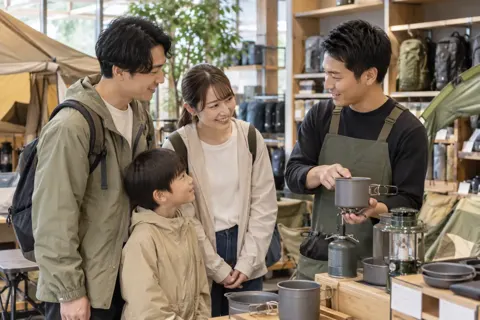はじめてキャンプをする親子に道具をすすめる店員（アウトドア・キャンプ用品の写真 No.23）