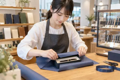 プレゼント用に万年筆を包む店員（文房具・手芸用品の写真 No.21）