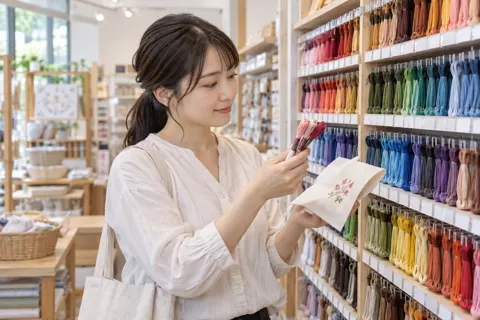 ししゅう糸の棚の前で色を合わせるお客様（文房具・手芸用品の写真 No.25）
