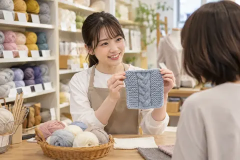 編み物の見本を見せる店員（文房具・手芸用品の写真 No.27）