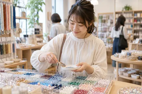 ビーズを小さな皿に取り分けるお客様（文房具・手芸用品の写真 No.28）