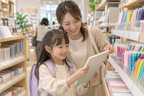 入学前の子どもと文房具をそろえる親（文房具・手芸用品の写真 No.30）