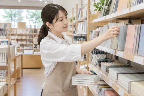 商品を棚にならべる店員（文房具・手芸用品の写真 No.32）