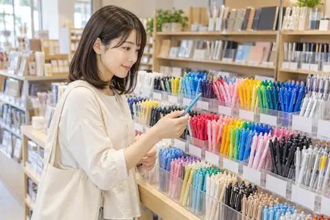 色とりどりのペンが並んだ売り場（文房具・手芸用品の写真 No.35）