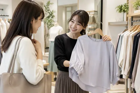 お客様に服を当てて見せる店員（ファッション・アパレル・靴の写真 No.25）