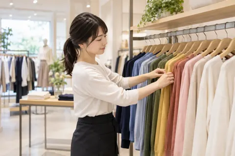 ハンガーの服を色の順にならべる店員（ファッション・アパレル・靴の写真 No.36）