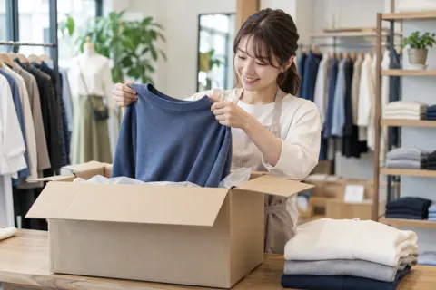 届いた箱から新しい服を出す店員（ファッション・アパレル・靴の写真 No.37）