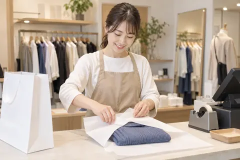 レジで服を包む店員（ファッション・アパレル・靴の写真 No.45）