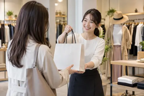 買い物ぶくろをわたして見送る店員（ファッション・アパレル・靴の写真 No.46）