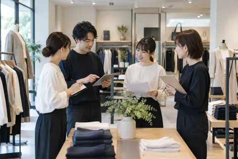 開店前に打ち合わせをする店員たち（ファッション・アパレル・靴の写真 No.47）