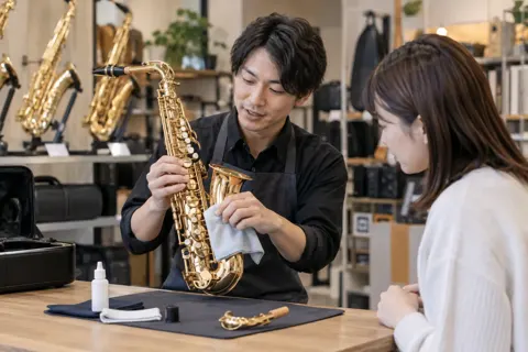 サックスの手入れのしかたを教える店員（楽器店・レコードの写真 No.19）