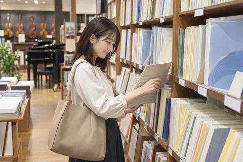 楽譜の棚で楽譜を選ぶお客様（楽器店・レコードの写真 No.22）