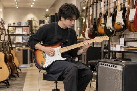 アンプにつないで音を確かめる店員（楽器店・レコードの写真 No.23）