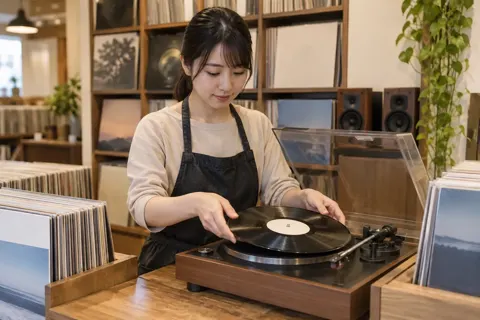 レコードをプレーヤーにのせる店員（楽器店・レコードの写真 No.26）