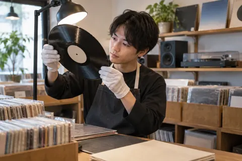 レコードの盤面をライトで調べる店員（楽器店・レコードの写真 No.27）