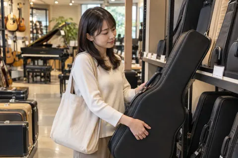 楽器のケースを選ぶお客様（楽器店・レコードの写真 No.29）