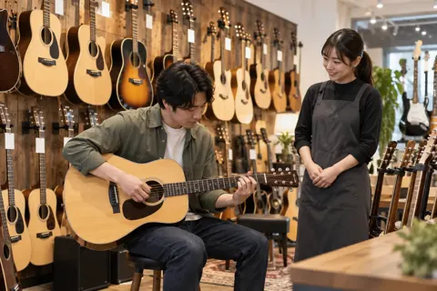 壁にギターがずらりとかかった売り場（楽器店・レコードの写真 No.34）