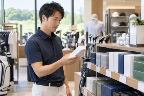 ボールの箱を手に取って選ぶお客様（ゴルフショップ・ゴルフ用品の写真 No.21）
